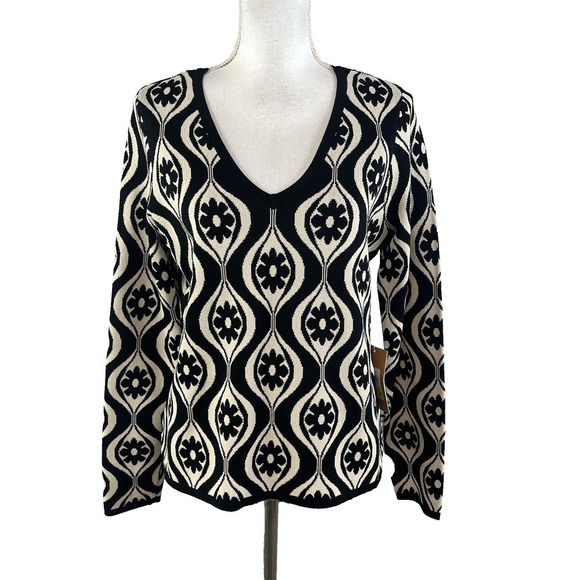 Cyrus Pullover Sweater Top size Medium Black Ivory Floral Motif Stretch Career - Picture 1 of 10